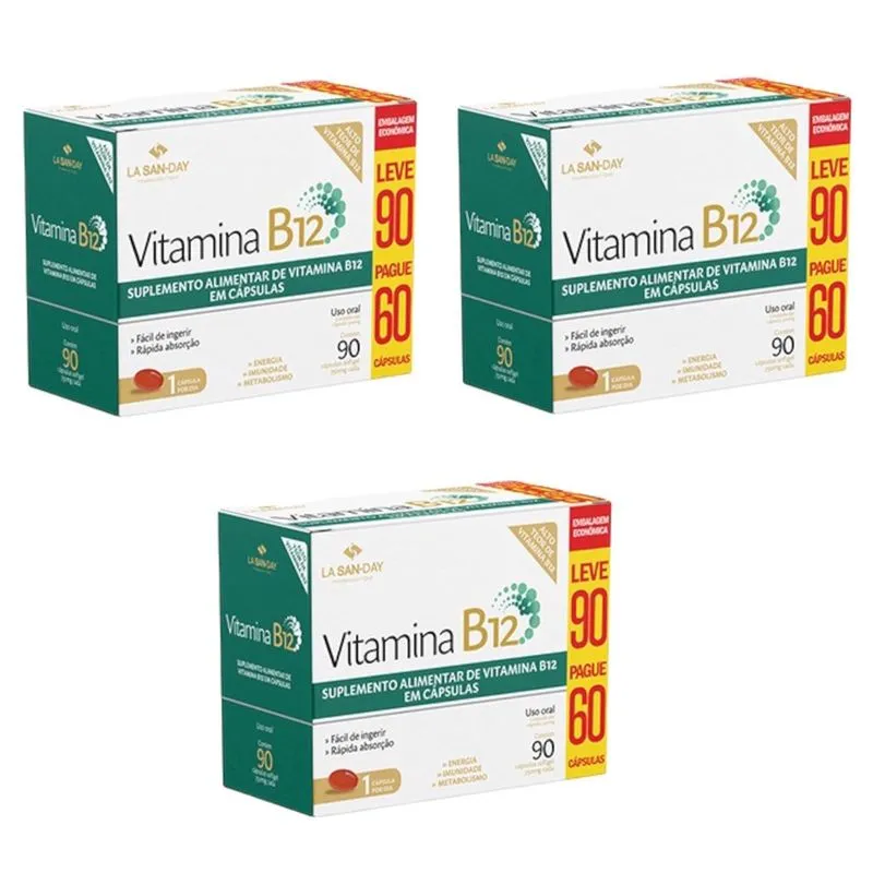 Kit 3 Caixas Vitamina B12 750Mg 90 Cápsulas Softgel La
