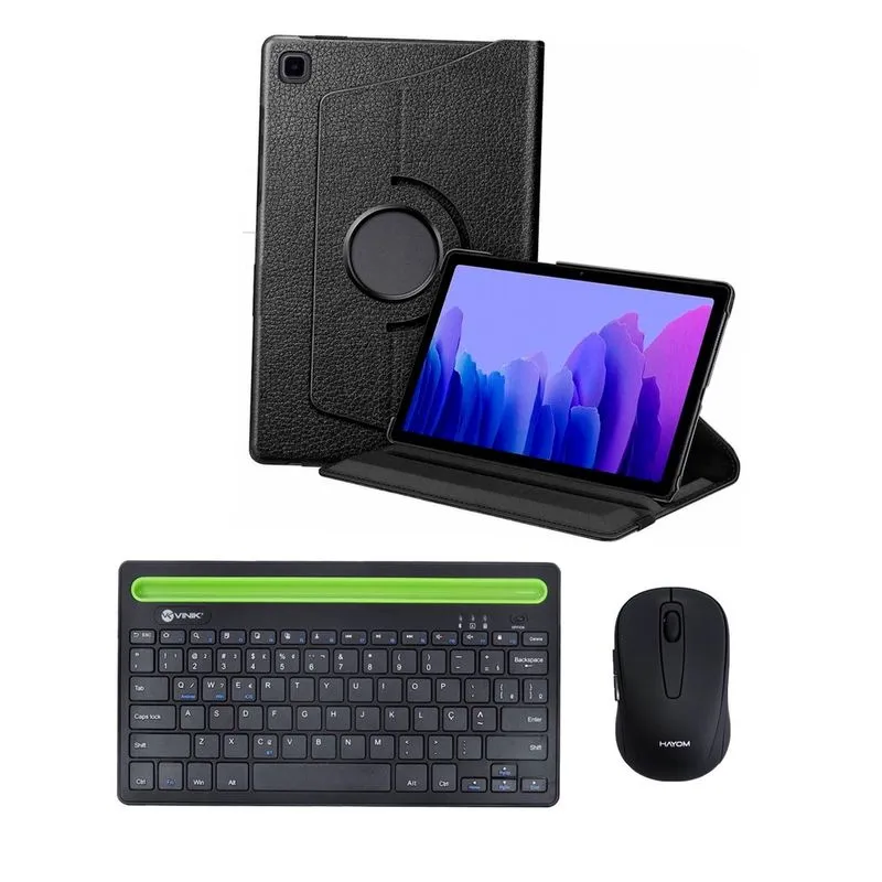 Capa Giratória Preta p/ Tablet Samsung A7 T500 T505 10.4 + Teclado e Mouse Bluetooth Sem Fio p/ Estudo e Trabalho