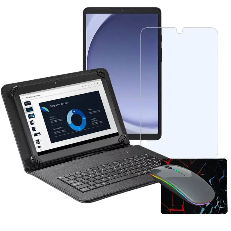 Capa c/ Teclado p/ Tablet Samsung Galaxy A9 tela 8.7 + Mouse + Película de Vidro