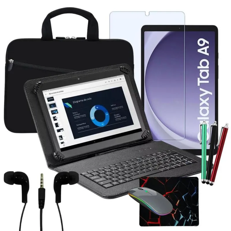 Kit Capa Teclado p/ Tablet Samsung Galaxy Tab A9 8.7 + Película + Caneta Touch