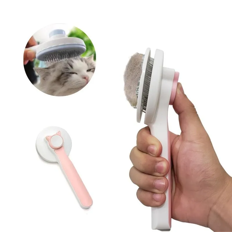 Escova Pet Massageadora Auto-Limpante Macia Cão E Gatos Rosa