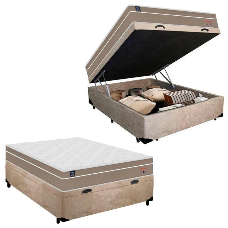 Cama Box Baú Casal Suede + Colchão Lis Molas Ensacadas Plumatex 138x188x64cm Bege