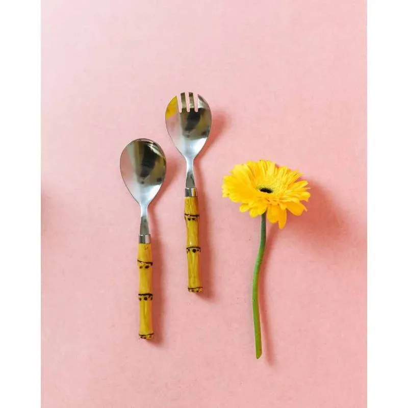 Conjunto 2 Peças para Salada de Aço Inox c/ Cabo de Plástico Bambu Natural 21 cm