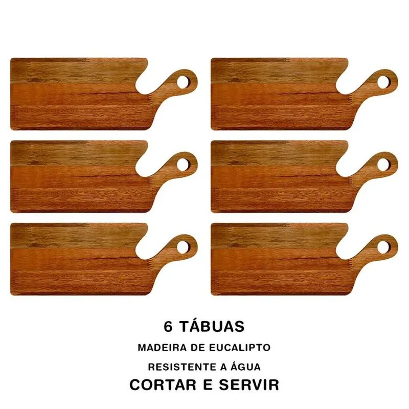 Kit 6 Tábuas de Cortar e Servir Carnes Legumes Churrasco - Madeira Eucalipto Premium