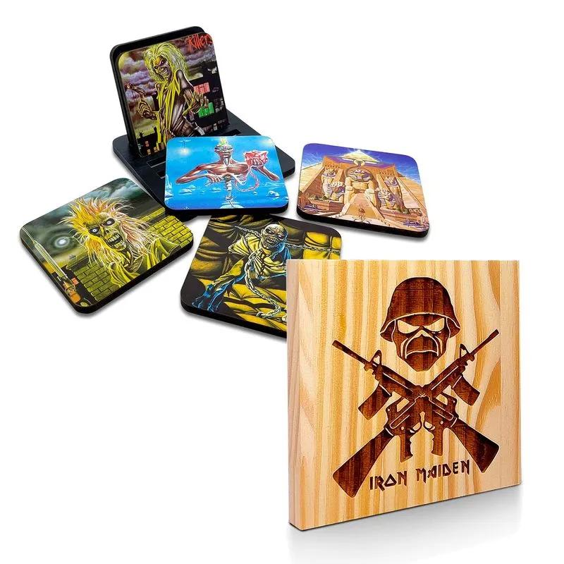 Kit Decoração Iron Maiden Porta Copos + Enfeite Madeira Rock