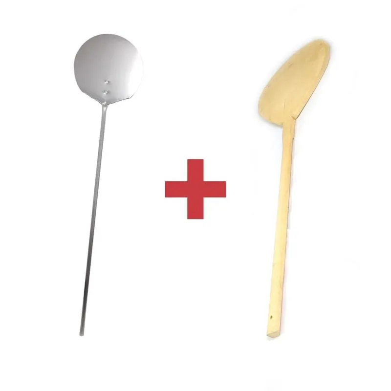 Kit Pá Aço Inox + Pá Remo Pizza De Madeira Com Cabo Grande