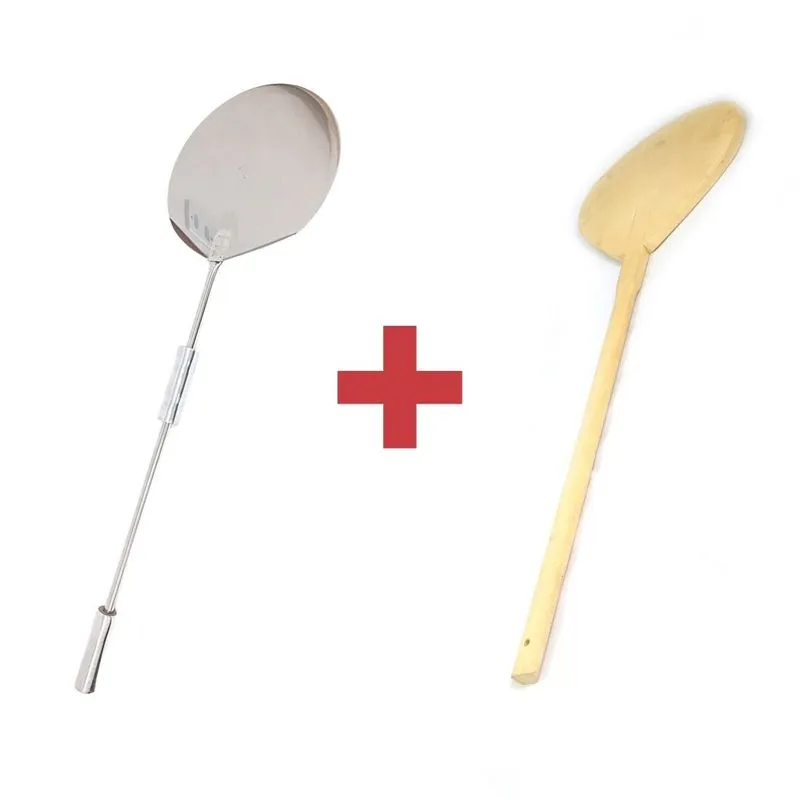 Kit Pá Remo Pizza Madeira + Pá Aço Inox Com Cabo Deslizante
