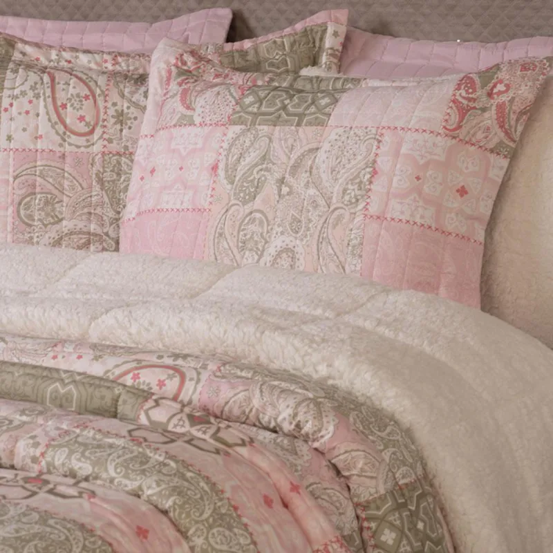 Coberdrom Solteiro 180 Fios Sherpa Rosê Patchwork Loire