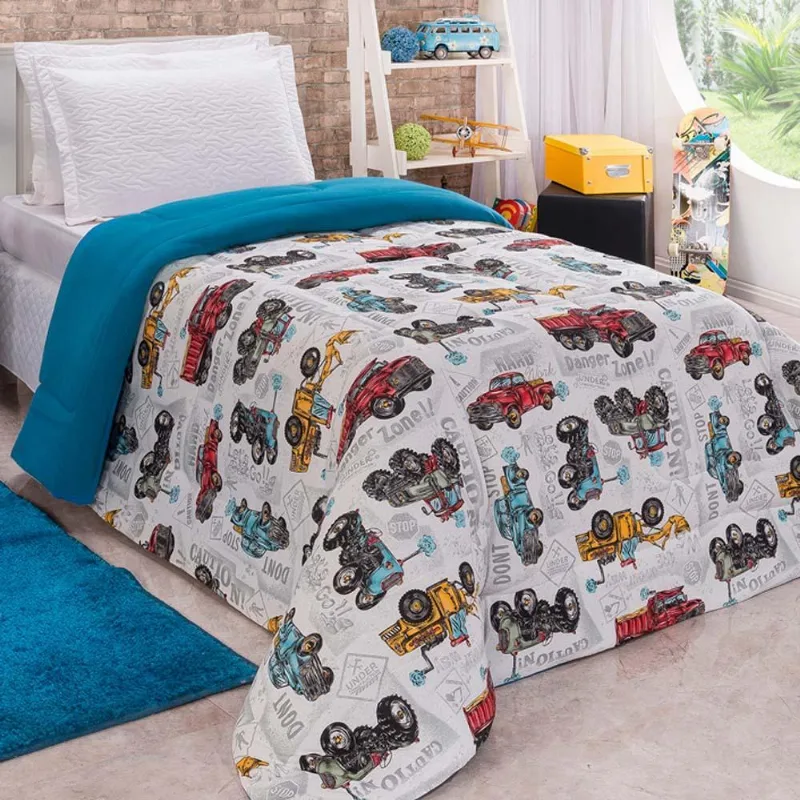 Edredom Solteiro Diverkids Malha Estampada Carrinhos Azul