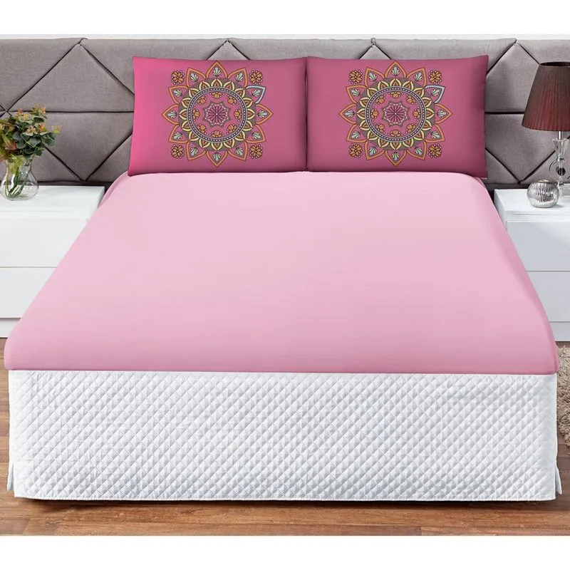 Jogo cama lençol shine casal microfibra 180 fios 3 peças - mandala rosa