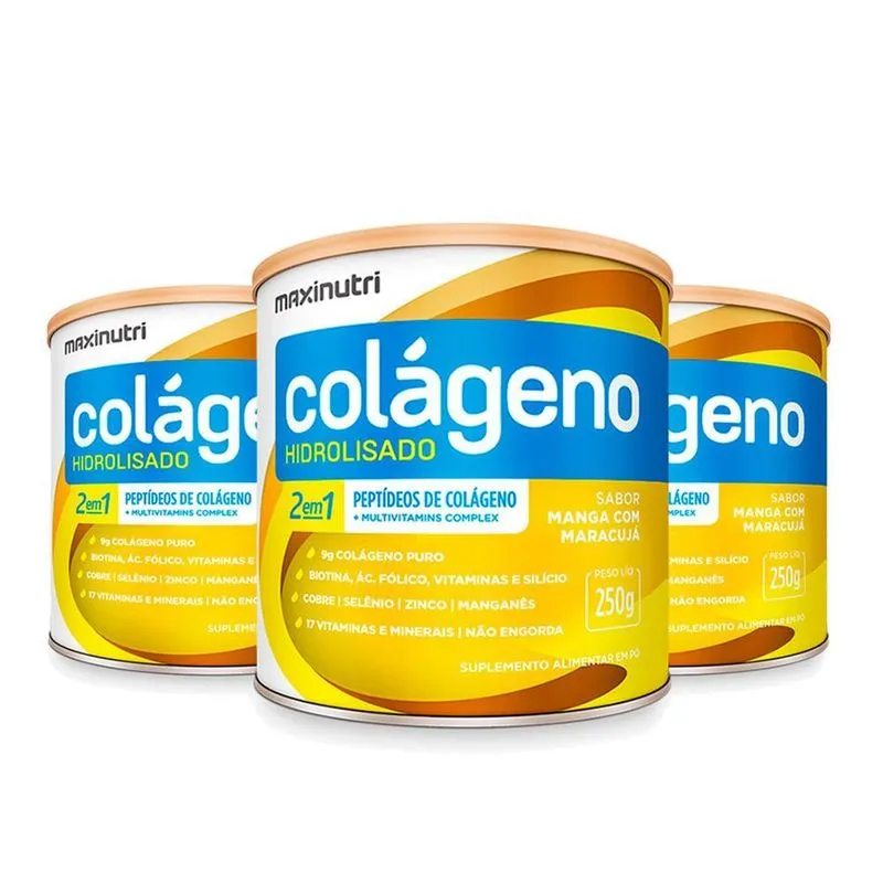 Kit 3 Colágeno Hidrolisado Em Pó Lata 250g Manga + Maracujá