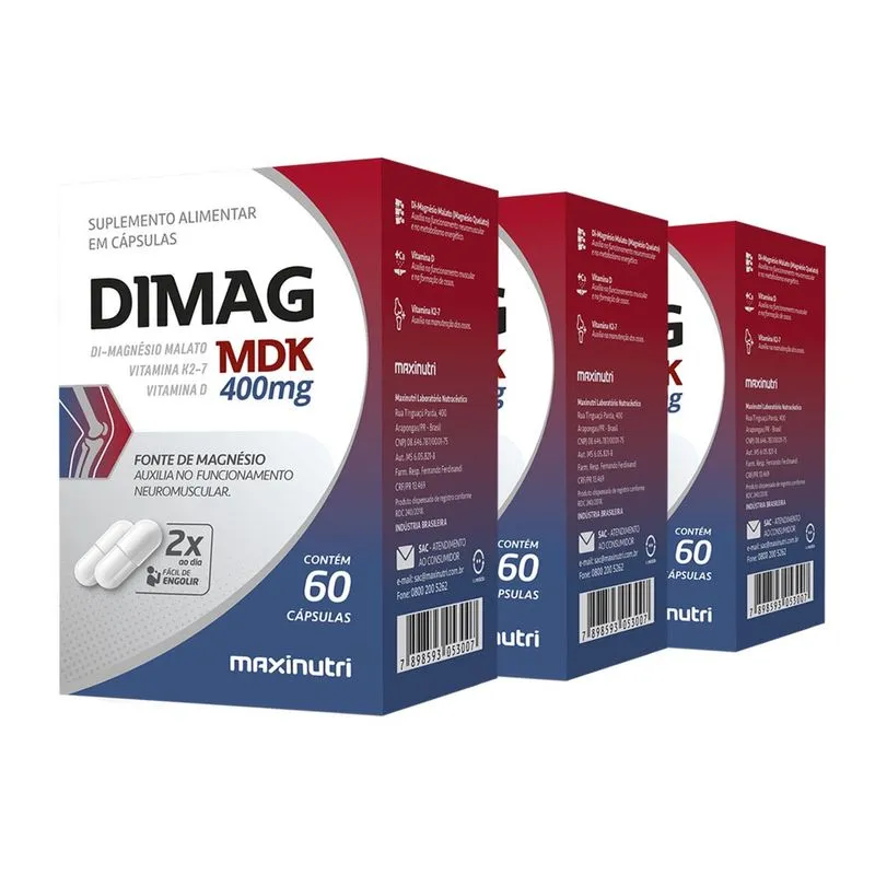 Kit 3 Dimag mdk Di-Magnésio Malato K2-7 60 Cáps Maxinutri