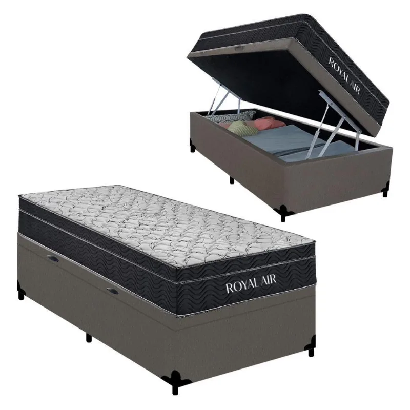 Cama Box Baú Solteiro Suede com Colchão Molas Ensacadas Royal Air Cinza Royal