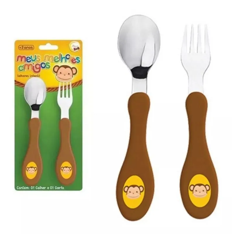 Talheres Infantil Aço Inox Colher Garfo Kit Infantil Macaco