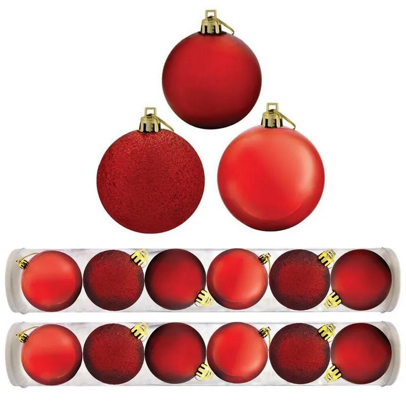 Kit Bola De Natal Mista Gliter, Fosca, Brilho Vermelha 12 Unidades 8cm - Magizi