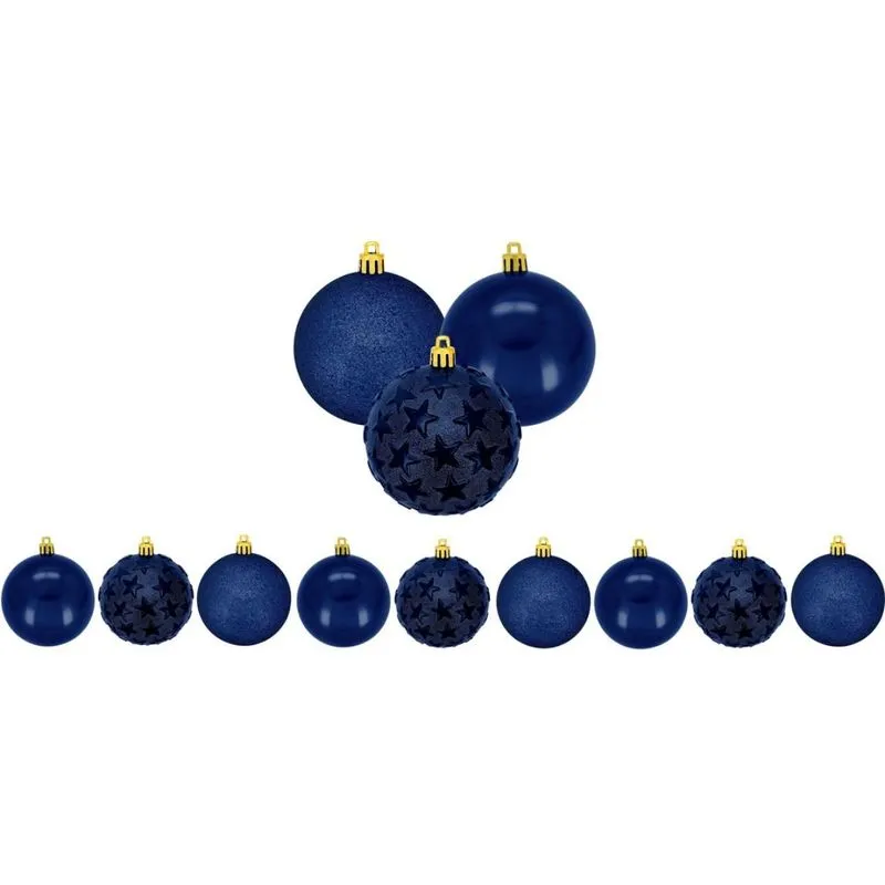 Kit Bola De Natal Mix Estrela Print Azul Marinho 6cm 9 Unidades - Magizi