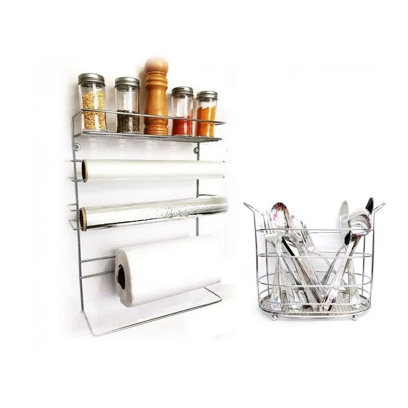 Organizador Cozinha Suporte 5x1 E Porta Talheres Aço Cromado