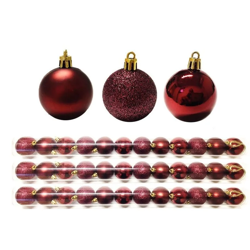 Jogo 36 Bolas Natal Mista Lisa, Gliter E Fosca Vinho 5cm - Master Christmas