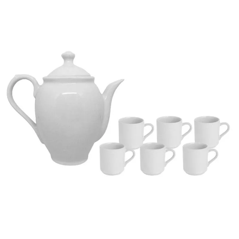 Conjunto Bule Porcelana E 6 Xícaras Canequinha Café Lisa