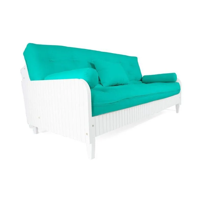 Sofá Cama Paris Ripado Branco Sarja Azul Turquesa Madeira Nobre