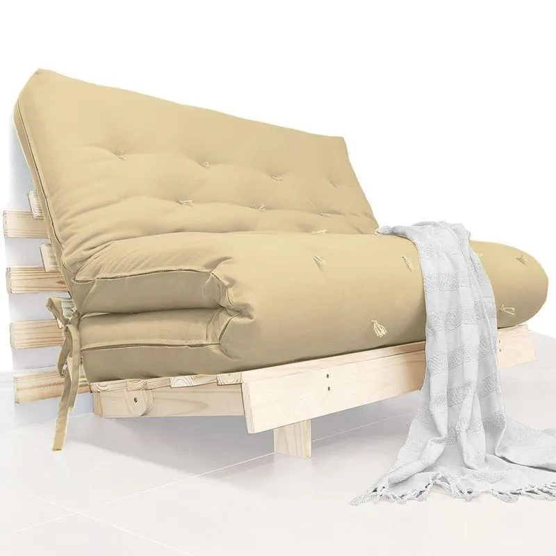 Futon Casal Tokio Sofa Cama Bege Sarja Impermeável Com Madeira Maciça