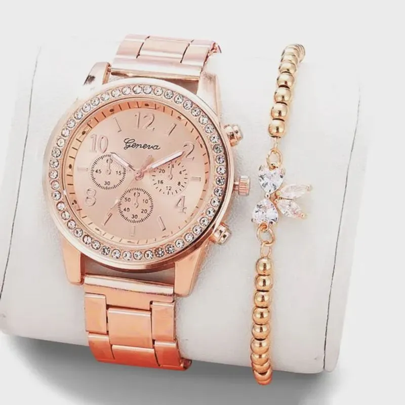 Kit Relógio Feminino Geneva Luxo com Pulseira Fashion Design