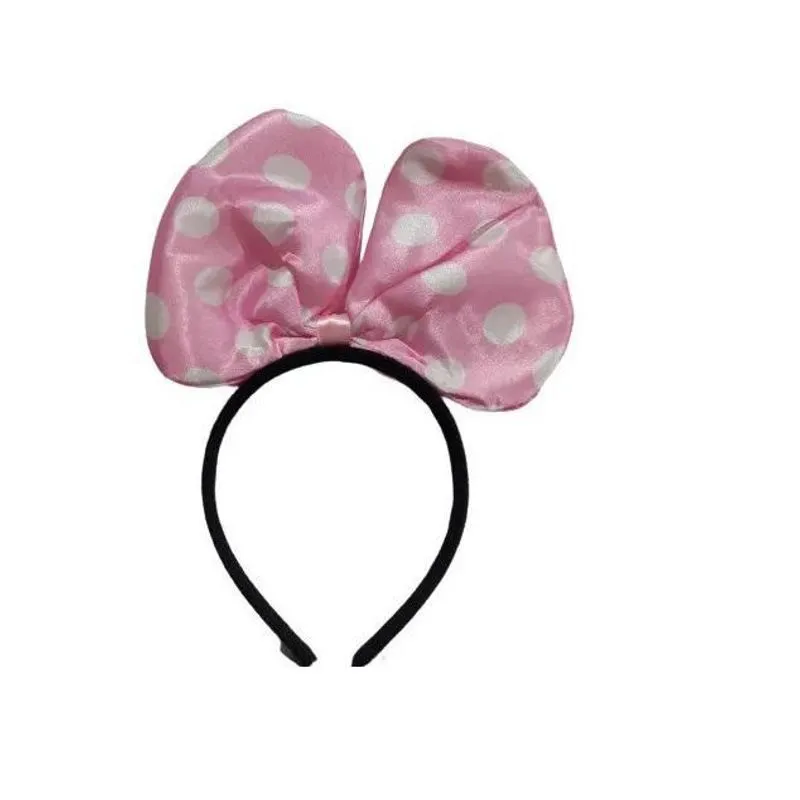 Kit 10 Arco Tiara Minnie Cetim Rosa Claro Com Bolinha Branca Infantil