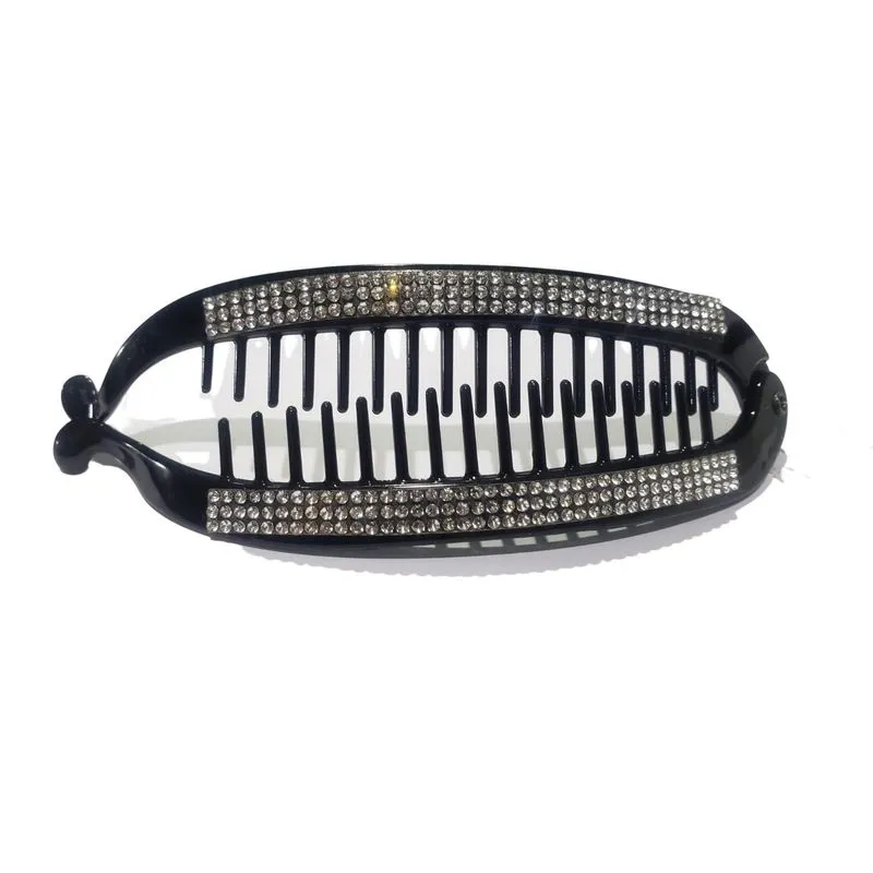 Presilha De Cabelo Preta Estilo Banana Com Pedra Strass 15cm