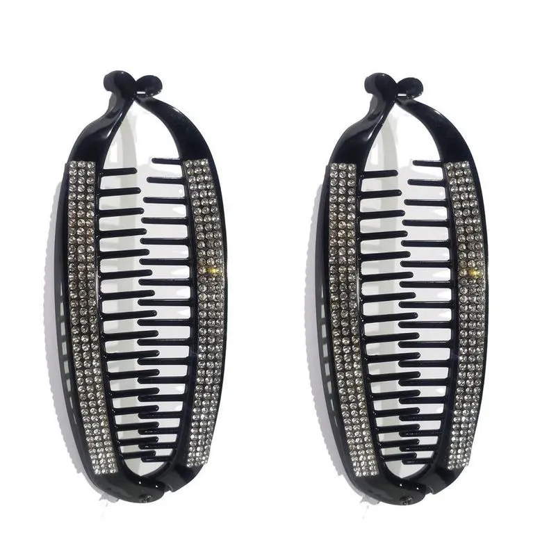 Kit 2 Presilhas De Cabelo Preta Banana Com Pedra Strass 15cm