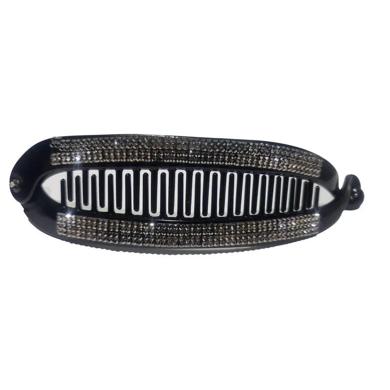 Presilha De Cabelo Preta Banana Com Pedra Strass Cinza 15cm