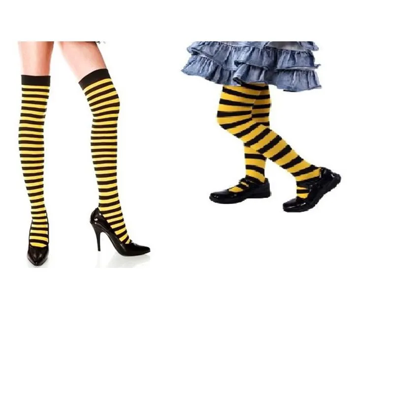 Kit Meia listrada amarelo com pretoTal mãe tal filha- Meia e meia calça