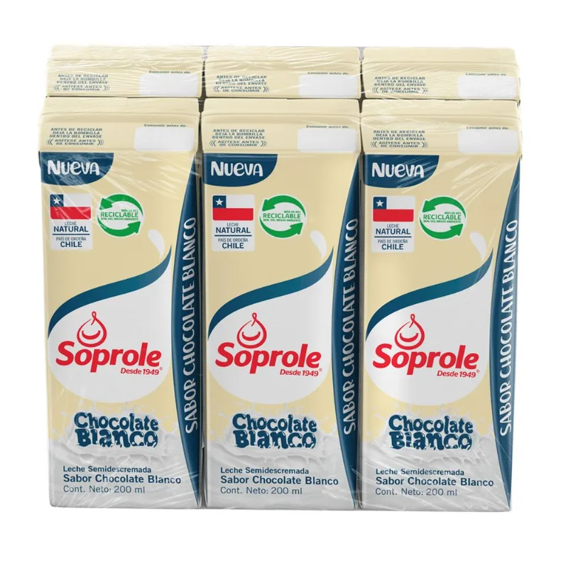 Pack 6 un. Leche Semidescremada Chocolate Blanco 200 ml