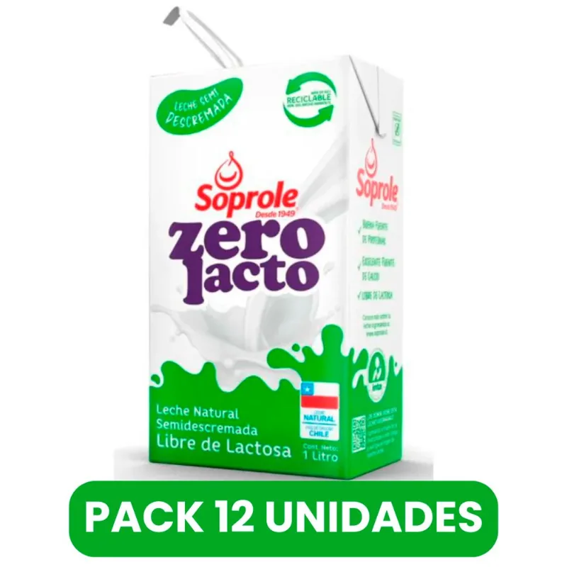Pack 12 un. Leche Soprole Semidescremada Sin Lactosa 1 L