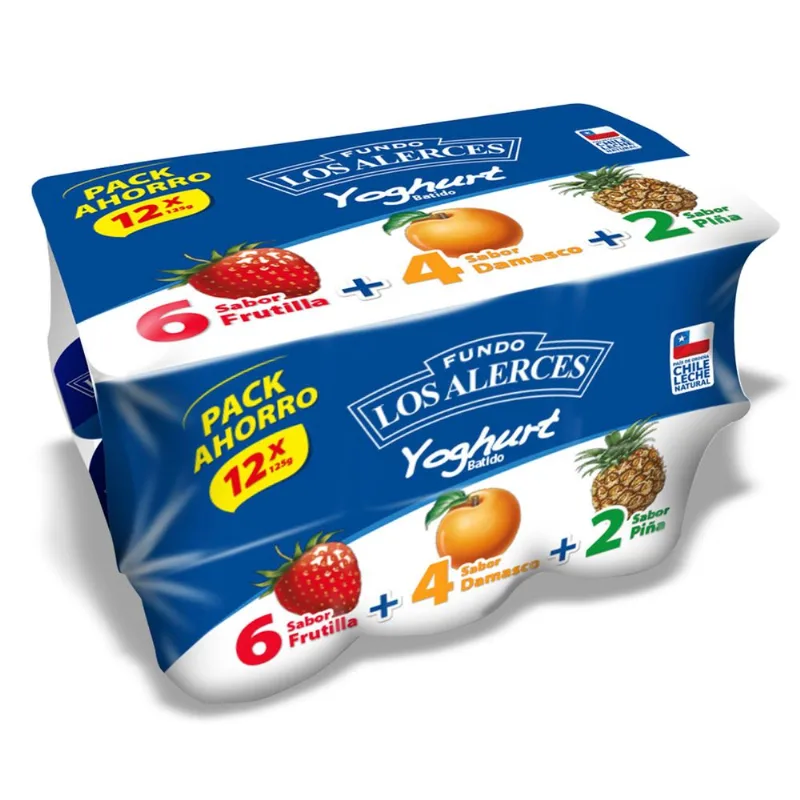 Pack 12 un. Yogurt Damasco, Frutilla y Piña 125 g