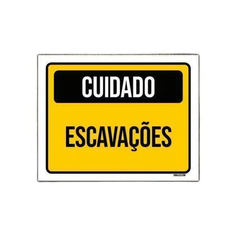 Placa Sinalização - Cuidado Escavações Amarelo 27x35cm