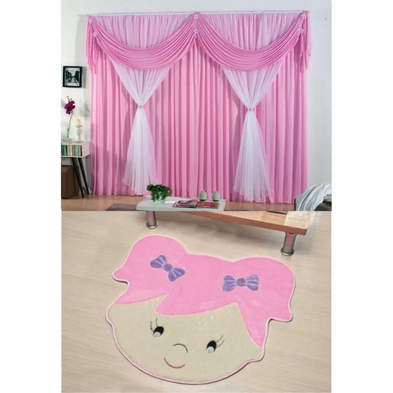 Kit Combo Decoração Quarto De Criança = Cortina Jéssica + Tapete Menina Sara - Rosa