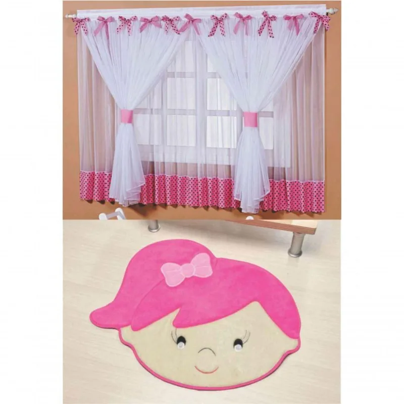 Kit Combo Decoração Quarto De Criança = Cortina Sonho + Tapete Livia - Pink