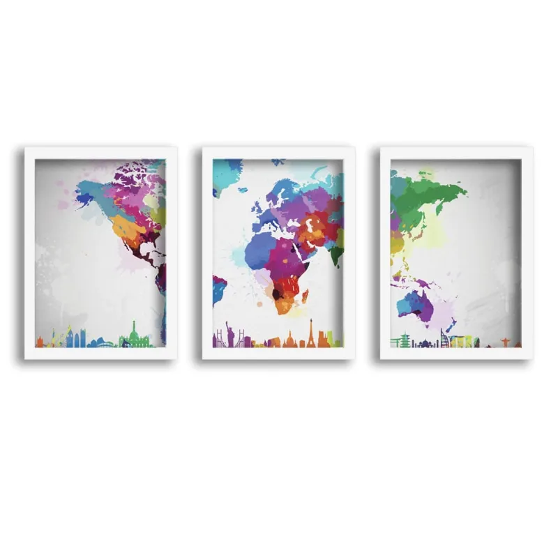 Quadros Decorativos Com Moldura Branca Mapa Mundi Colorido