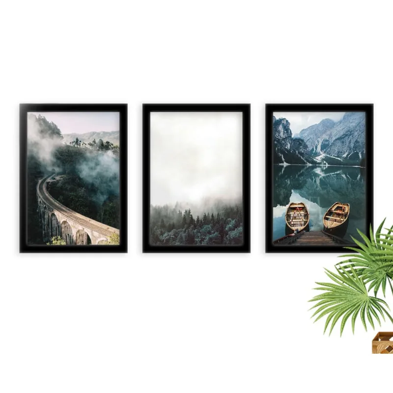 Trio de Quadros Decorativos Com Moldura Paisagem Natureza