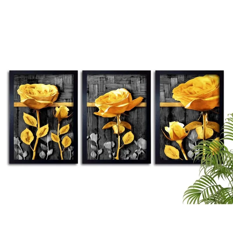 Jogo Com 3 Quadros Sala Com Vidro 60x40 Rosas Douradas