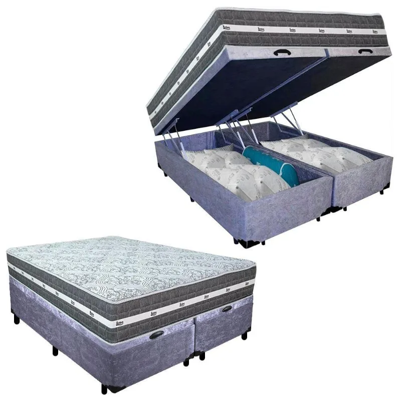 Cama Box Baú Casal Bipartido Suede + Colchão Anjos Black Graphite Molas Ensacadas 138cm Suporta Até 120 Kg Por Pessoa Co