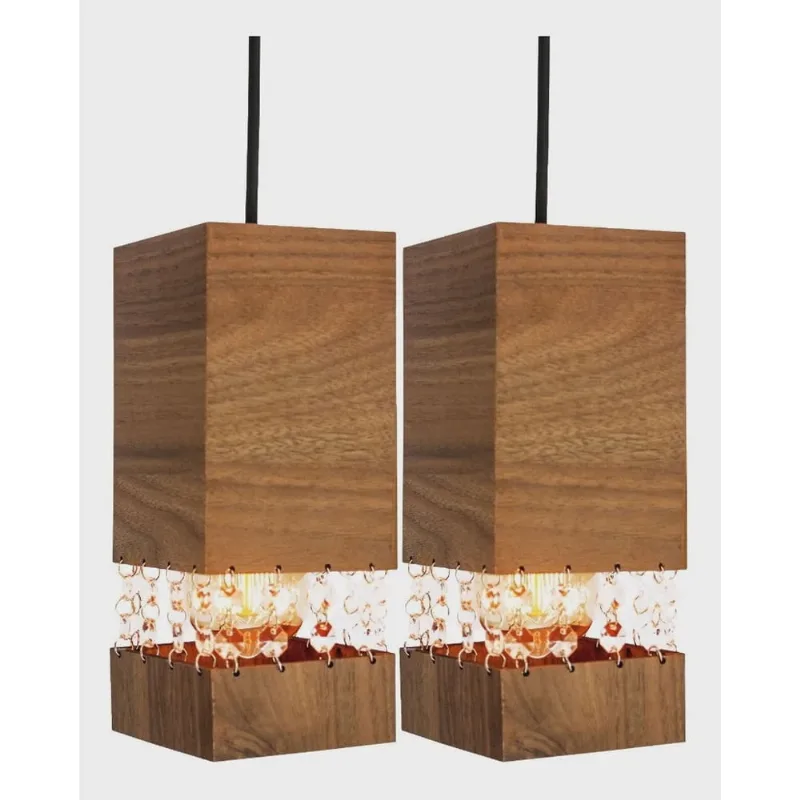 Luminária Lustre Kit Com 2 Pendentes Madeira Cristal