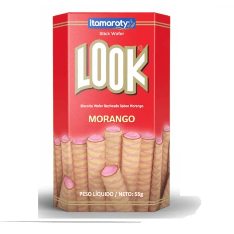 50 Un Biscoito Wafer Recheado Sabor Morango Look 55g