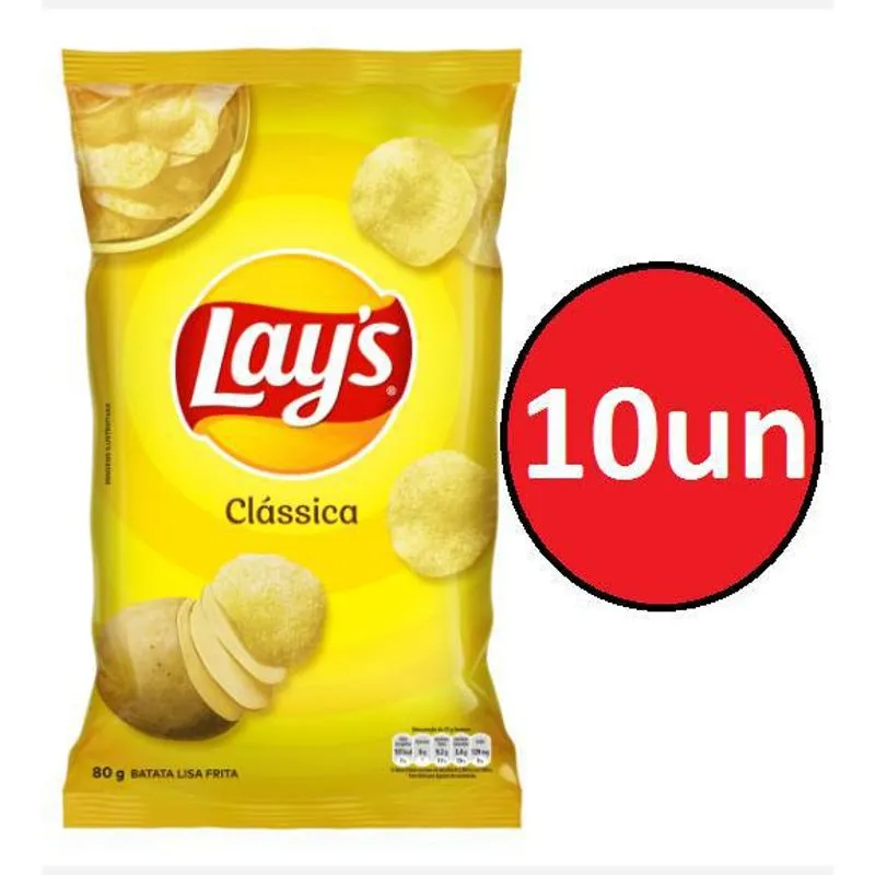 10 Unidades Batata Frita Lisa Clássica Lays Pacote 80g