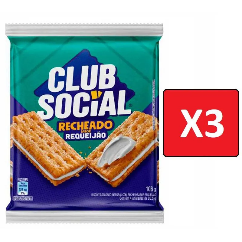 Kit 3 Biscoitos Club Social Recheado Requeijao 106g
