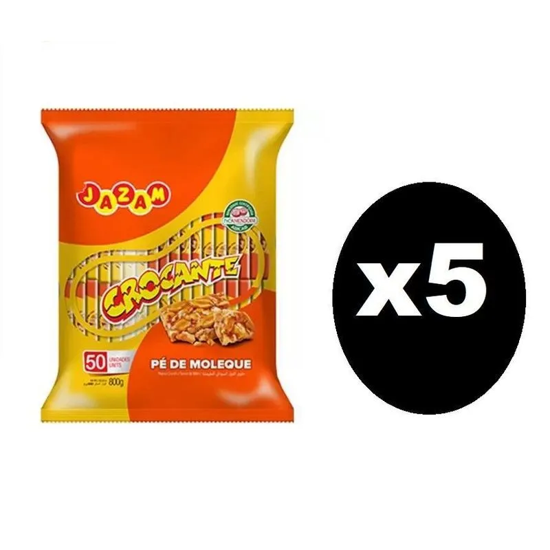 5 Pacotes C/50un De Doce Pé De Moleque Crocante Jazam 800gr