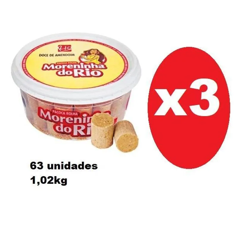 3 Pacotes Paçoca Rolha Moreninha Do Rio 63 Unidades - 1 Kg