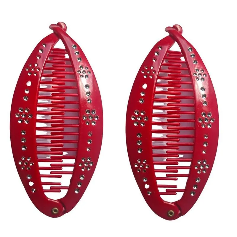 Kit 2 Presilhas Banana Vermelho Com Strass Feminina Pente