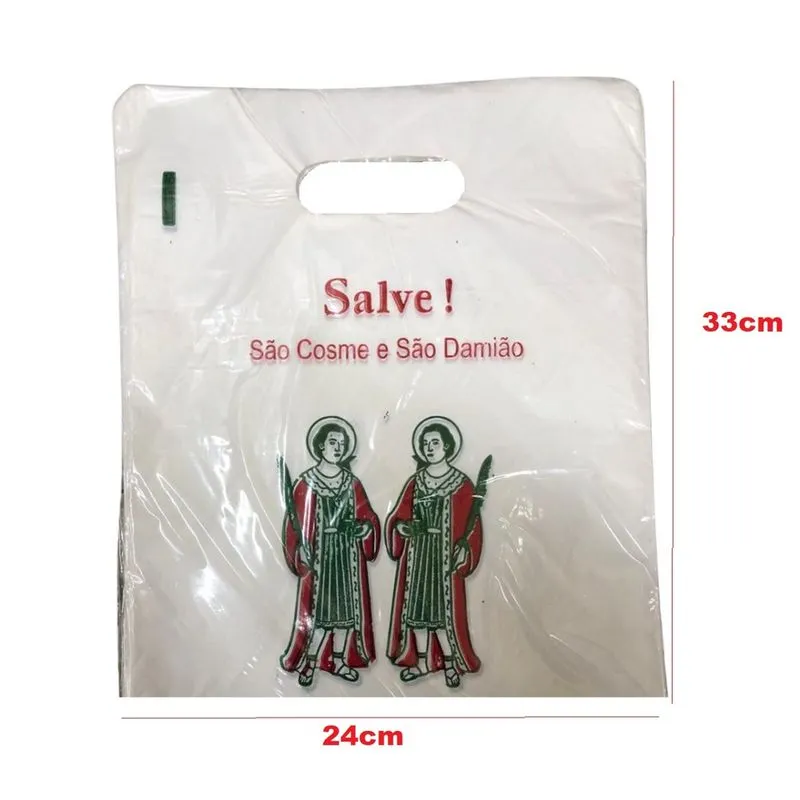 Kit 100 Sacolas Plástica Branca 33x24 p/ São Cosme e Damião