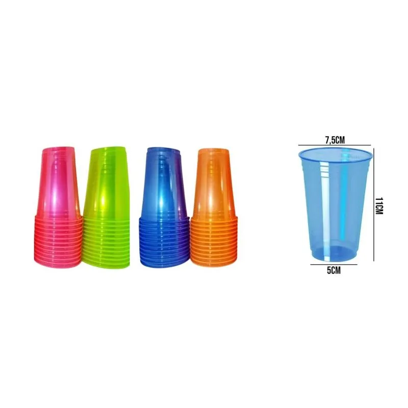 Kit 350 Copos Neon Descartável Neon Coloridos 300ml